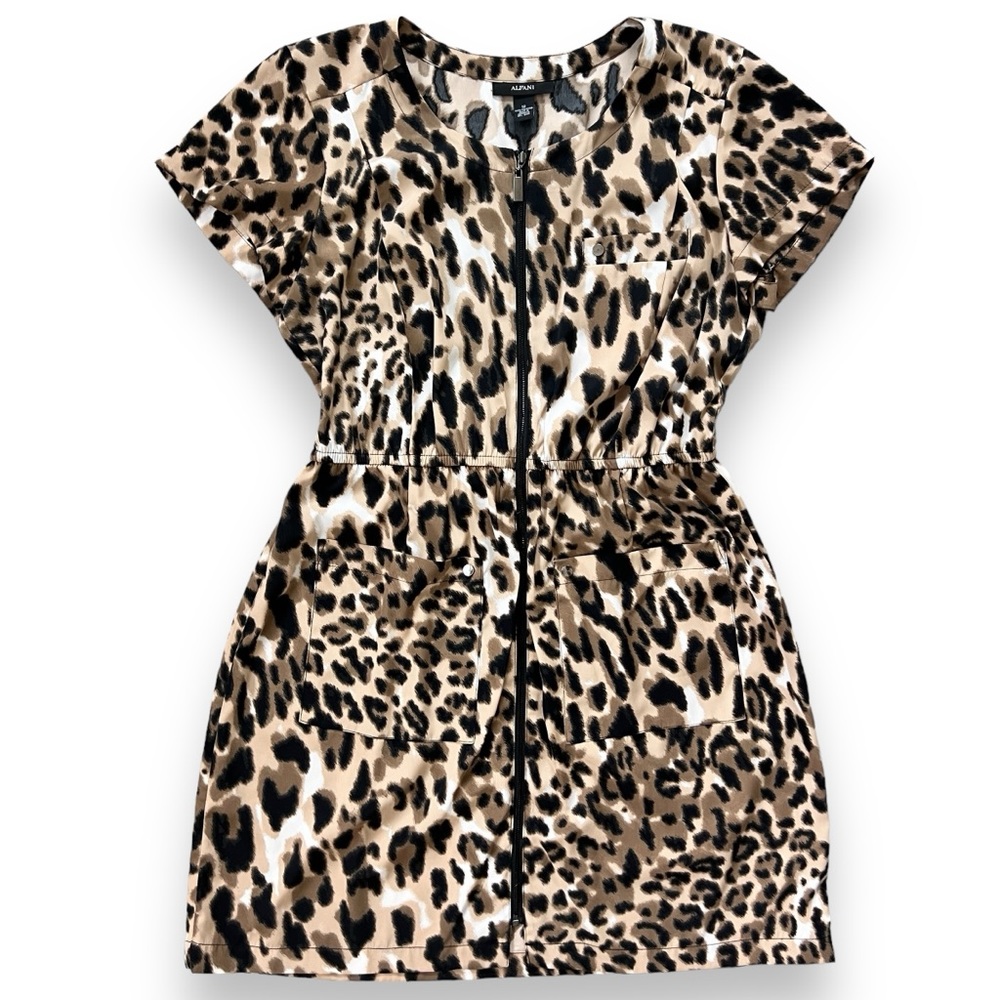 ALFANI Cheetah Animal Print Dress Zip Front Elastic Waist Pockets
